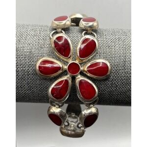 Vintage Mexico Red Cabochon Stone Floral Toggle Bracelet Silver Tone